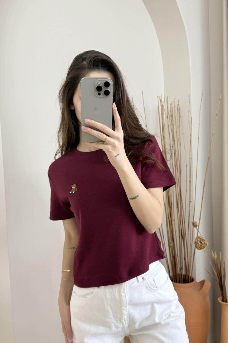ONE COLOR ROUND NECK BEAR LOGO WOMEN T-SHIRT BURGUNDY/VISHNJE - 5