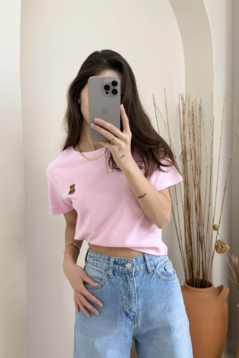 ONE COLOR ROUND NECK BEAR LOGO WOMEN T-SHIRT PINK/ROZE - 3