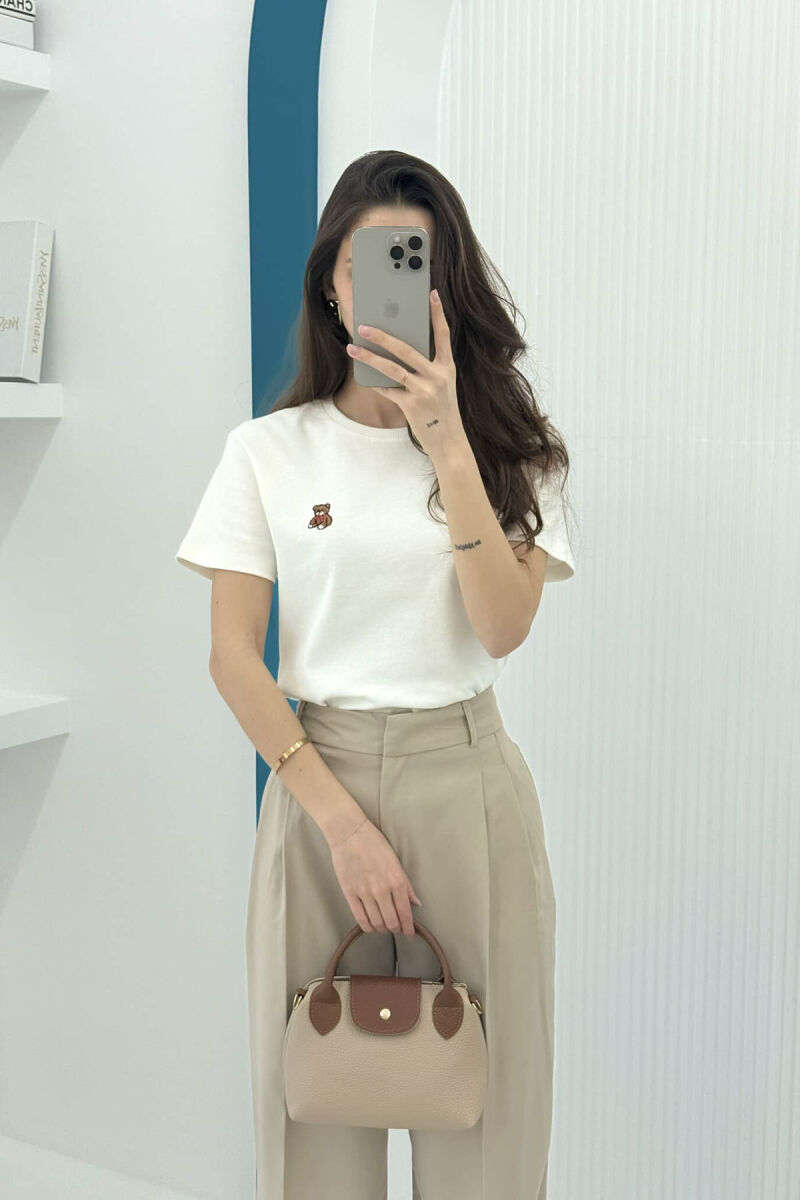 ONE COLOR ROUND NECK BEAR LOGO WOMEN T-SHIRT WHITE-E BARDHE - 1