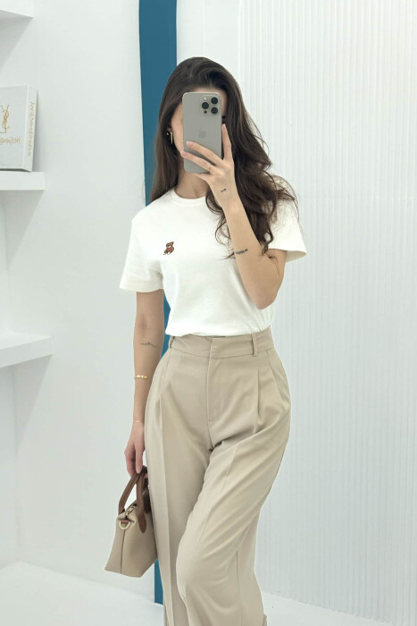 ONE COLOR ROUND NECK BEAR LOGO WOMEN T-SHIRT WHITE-E BARDHE - 5