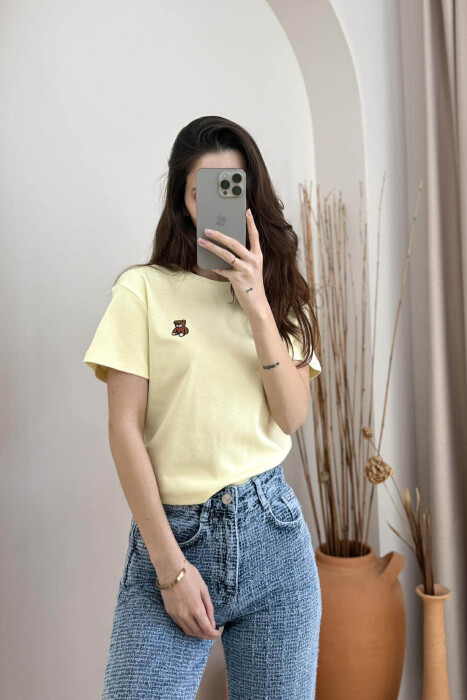ONE COLOR ROUND NECK BEAR LOGO WOMEN T-SHIRT YELLOW/E VERDHE - 1