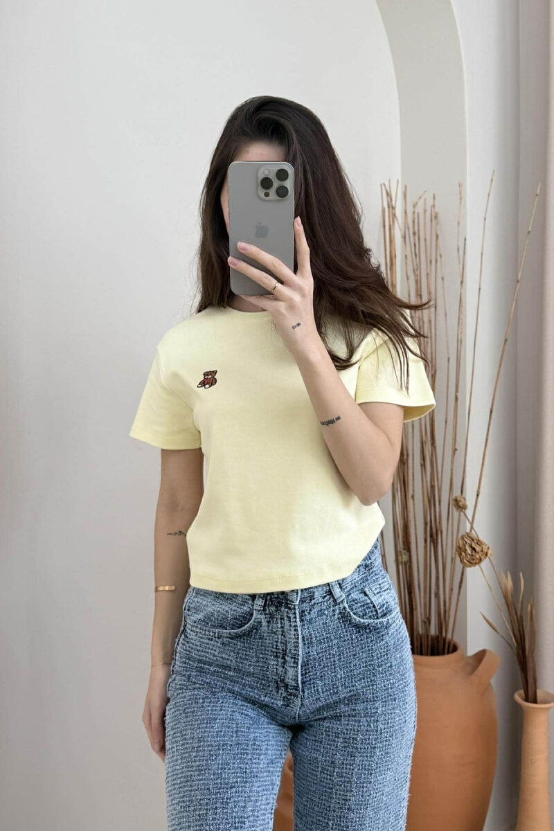 ONE COLOR ROUND NECK BEAR LOGO WOMEN T-SHIRT YELLOW/E VERDHE - 2