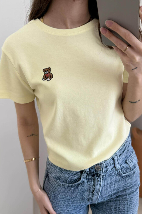 ONE COLOR ROUND NECK BEAR LOGO WOMEN T-SHIRT YELLOW/E VERDHE - 3