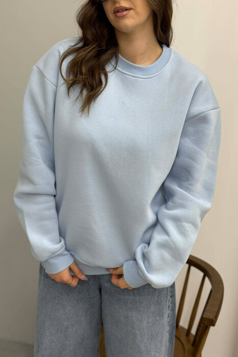 ONE COLOR ROUND NECK FLUFFY WOMEN SWEATSHIRT BABY BLUE/BLU BY - 5