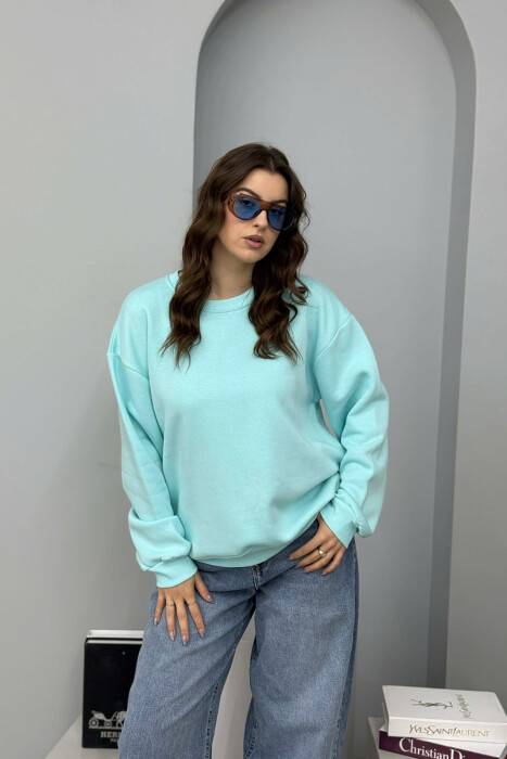 ONE COLOR ROUND NECK FLUFFY WOMEN SWEATSHIRT BLUE-MINT/BLME 