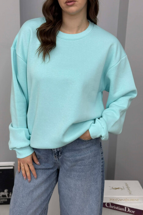ONE COLOR ROUND NECK FLUFFY WOMEN SWEATSHIRT BLUE-MINT/BLME - 4