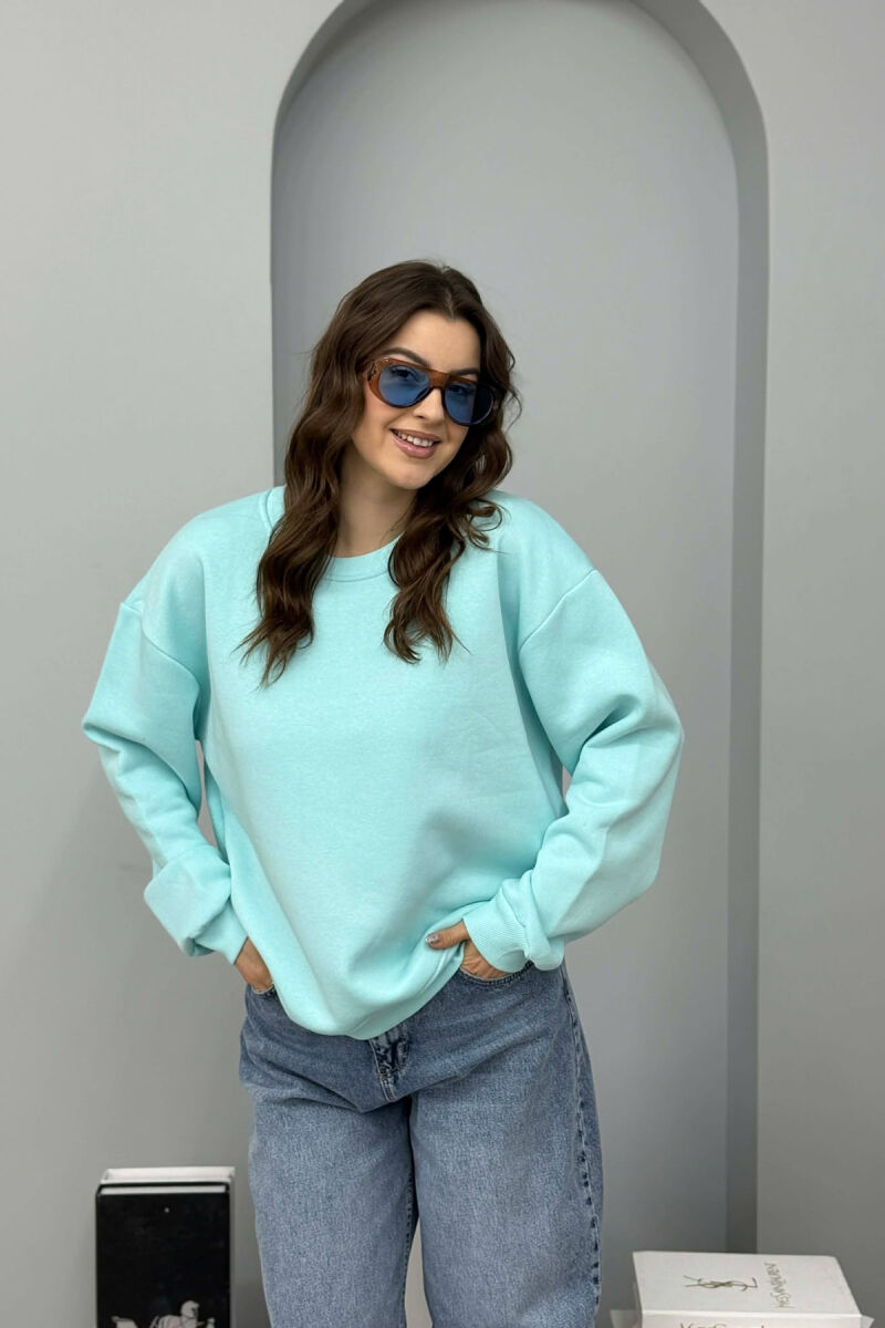 ONE COLOR ROUND NECK FLUFFY WOMEN SWEATSHIRT BLUE-MINT/BLME - 2