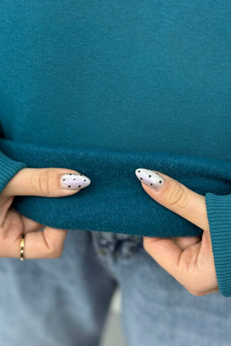 ONE COLOR ROUND NECK FLUFFY WOMEN SWEATSHIRT BLUE STONE/GK - 4