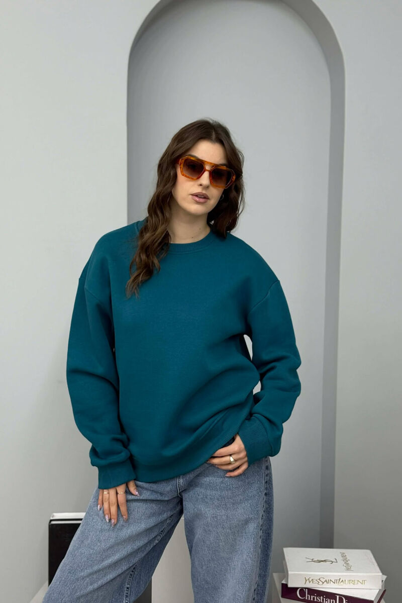 ONE COLOR ROUND NECK FLUFFY WOMEN SWEATSHIRT BLUE STONE/GK - 1