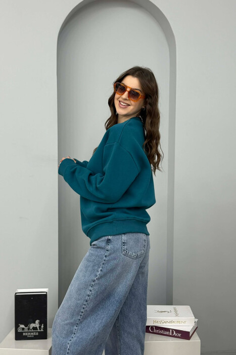 ONE COLOR ROUND NECK FLUFFY WOMEN SWEATSHIRT BLUE STONE/GK - 3