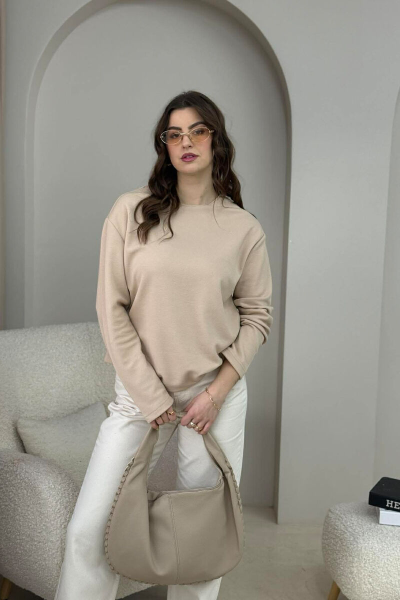 ONE COLOR ROUND NECK WOMEN SWEATSHIRT BEIGE/BEZHE - 1