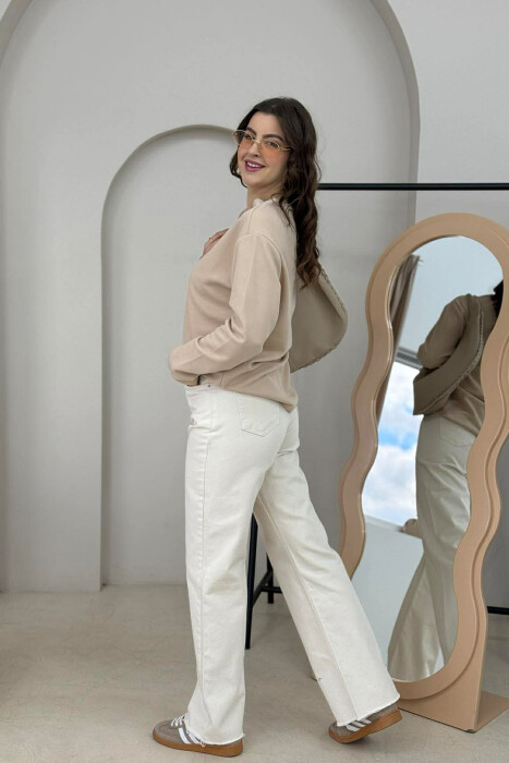 ONE COLOR ROUND NECK WOMEN SWEATSHIRT BEIGE/BEZHE - 2