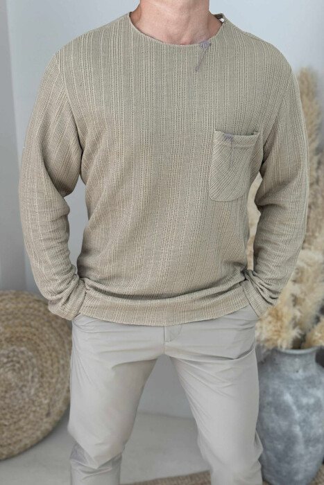 ONE COLOR ROUND NECK POCKET DETAIL MEN SWEATER BEIGE/BEZHE - KLAUDIO FASHION