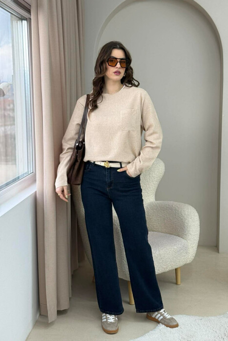 ONE COLOR ROUND NECK POCKET DETAIL WOMEN SWEATSHIRT BEIGE/BEZHE 