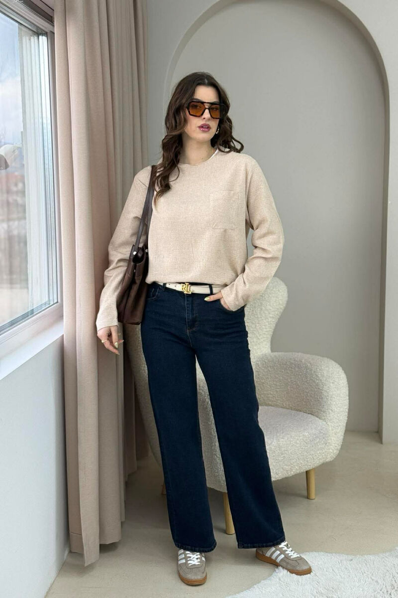 ONE COLOR ROUND NECK POCKET DETAIL WOMEN SWEATSHIRT BEIGE/BEZHE - 1