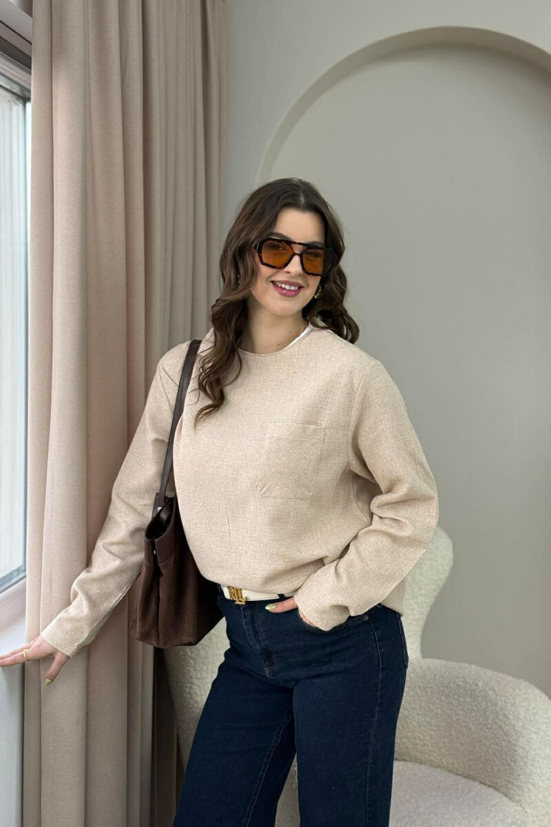 ONE COLOR ROUND NECK POCKET DETAIL WOMEN SWEATSHIRT BEIGE/BEZHE - 2