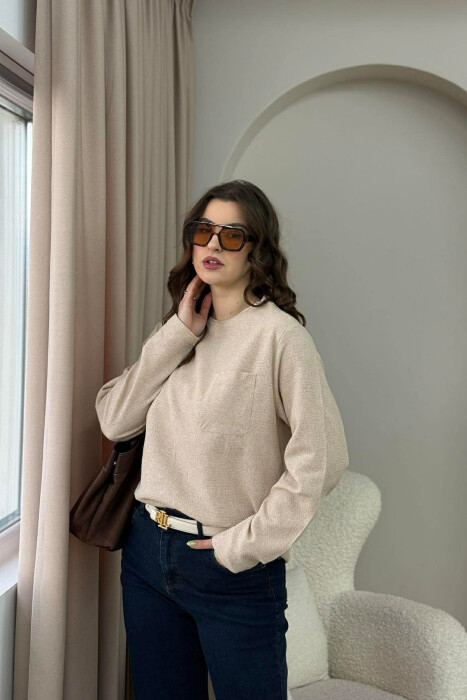 ONE COLOR ROUND NECK POCKET DETAIL WOMEN SWEATSHIRT BEIGE/BEZHE - 3