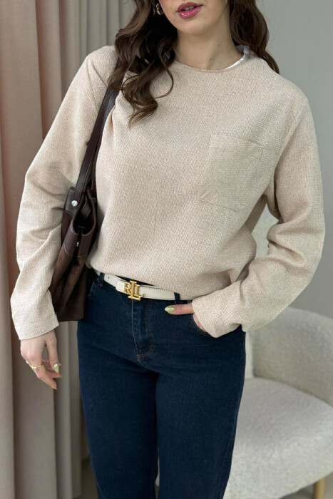 ONE COLOR ROUND NECK POCKET DETAIL WOMEN SWEATSHIRT BEIGE/BEZHE - 4
