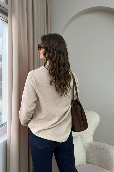 ONE COLOR ROUND NECK POCKET DETAIL WOMEN SWEATSHIRT BEIGE/BEZHE - 5