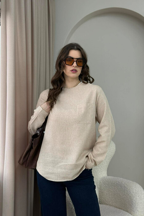 ONE COLOR ROUND NECK POCKET DETAIL WOMEN SWEATSHIRT BEIGE/BEZHE - 6