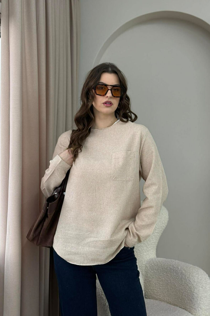 ONE COLOR ROUND NECK POCKET DETAIL WOMEN SWEATSHIRT BEIGE/BEZHE - 6