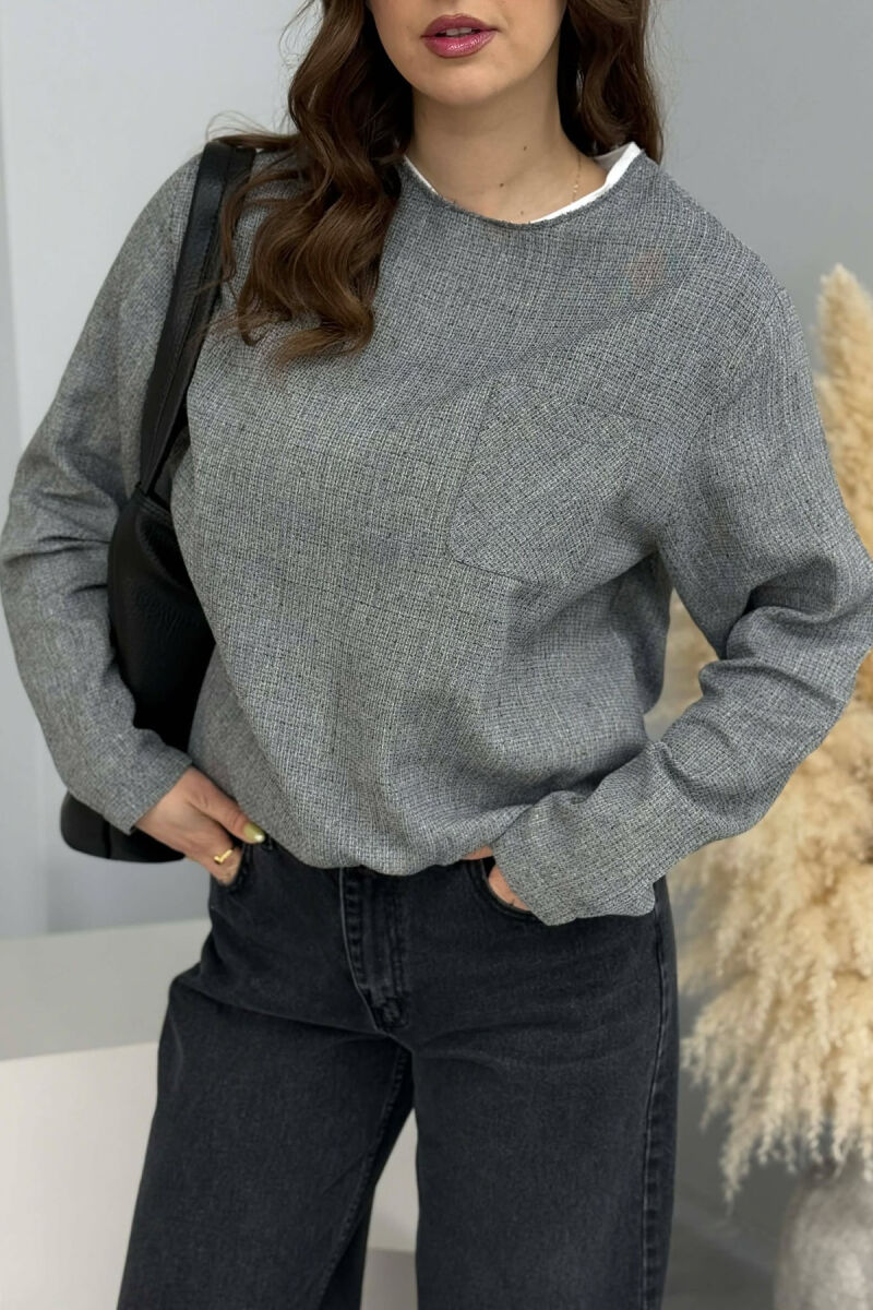 ONE COLOR ROUND NECK POCKET DETAIL WOMEN SWEATSHIRT GREY/GRI - 3
