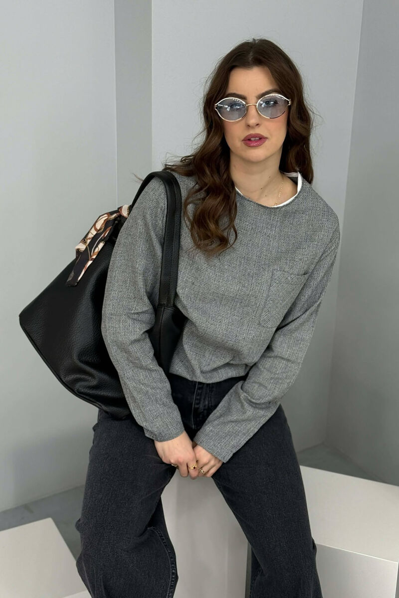 ONE COLOR ROUND NECK POCKET DETAIL WOMEN SWEATSHIRT GREY/GRI - 5