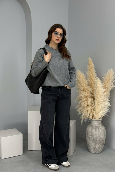 ONE COLOR ROUND NECK POCKET DETAIL WOMEN SWEATSHIRT GREY/GRI - 6