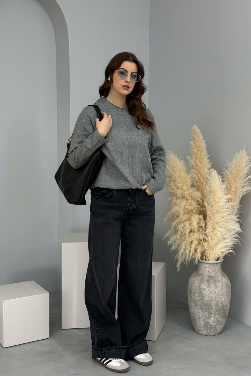 ONE COLOR ROUND NECK POCKET DETAIL WOMEN SWEATSHIRT GREY/GRI - 6