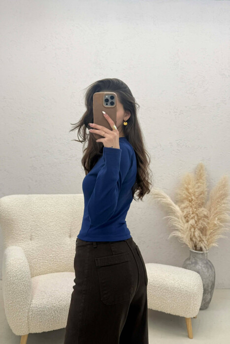 ONE COLOR ROUND NECK SIMPLE WOMAN SWEATSHIRT BLUE/BLU - 3