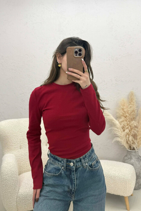 ONE COLOR ROUND NECK SIMPLE WOMAN SWEATSHIRT BURGUNDY/VISHNJE 