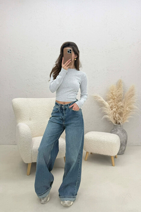 ONE COLOR ROUND NECK SIMPLE WOMAN SWEATSHIRT LIGHT GREY/GZ - 3