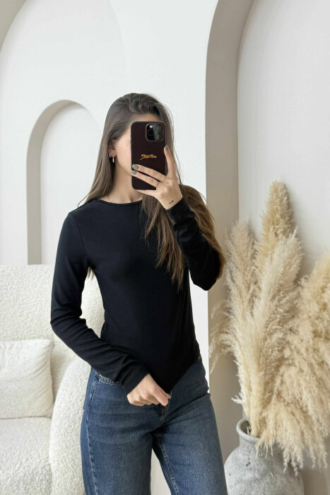 ONE COLOR ROUND NECK SIMPLE WOMEN SWEATSHIRT BLACK/ E ZEZE 