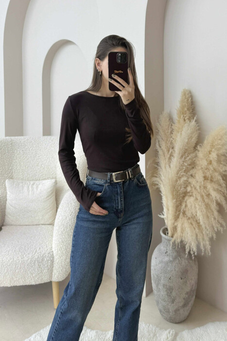 ONE COLOR ROUND NECK SIMPLE WOMEN SWEATSHIRT DARK BROWN/KAE 