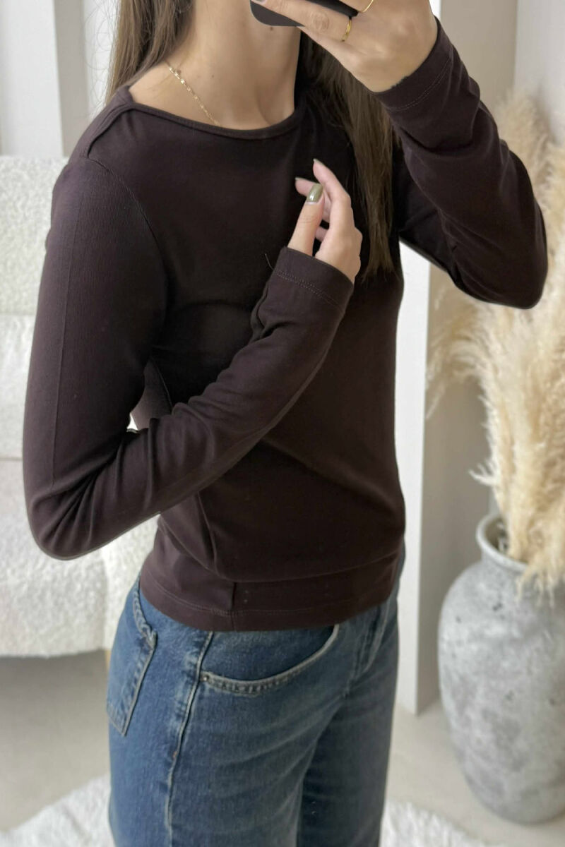 ONE COLOR ROUND NECK SIMPLE WOMEN SWEATSHIRT DARK BROWN/KAE - 4