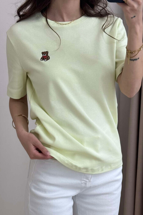 ONE COLOR ROUND NECK TEDDY BEAR LOGO WOMEN T-SHIRT LIGHT GREEN/JEZB - 3