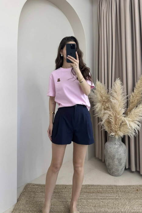 ONE COLOR ROUND NECK TEDDY BEAR LOGO WOMEN T-SHIRT PINK/ROZE - 1