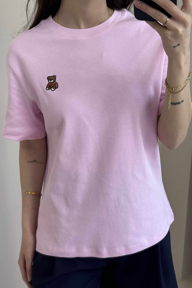 ONE COLOR ROUND NECK TEDDY BEAR LOGO WOMEN T-SHIRT PINK/ROZE - 3