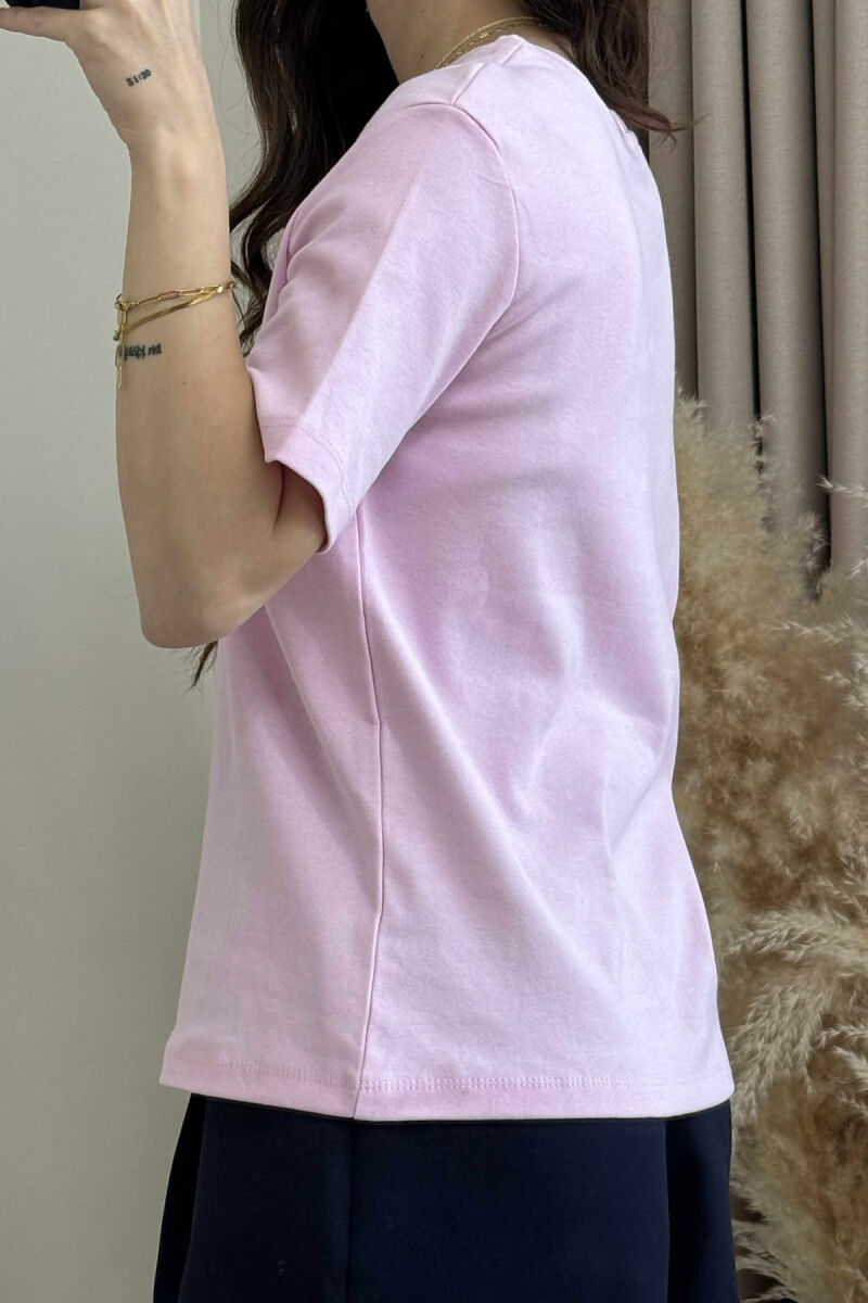 ONE COLOR ROUND NECK TEDDY BEAR LOGO WOMEN T-SHIRT PINK/ROZE - 4