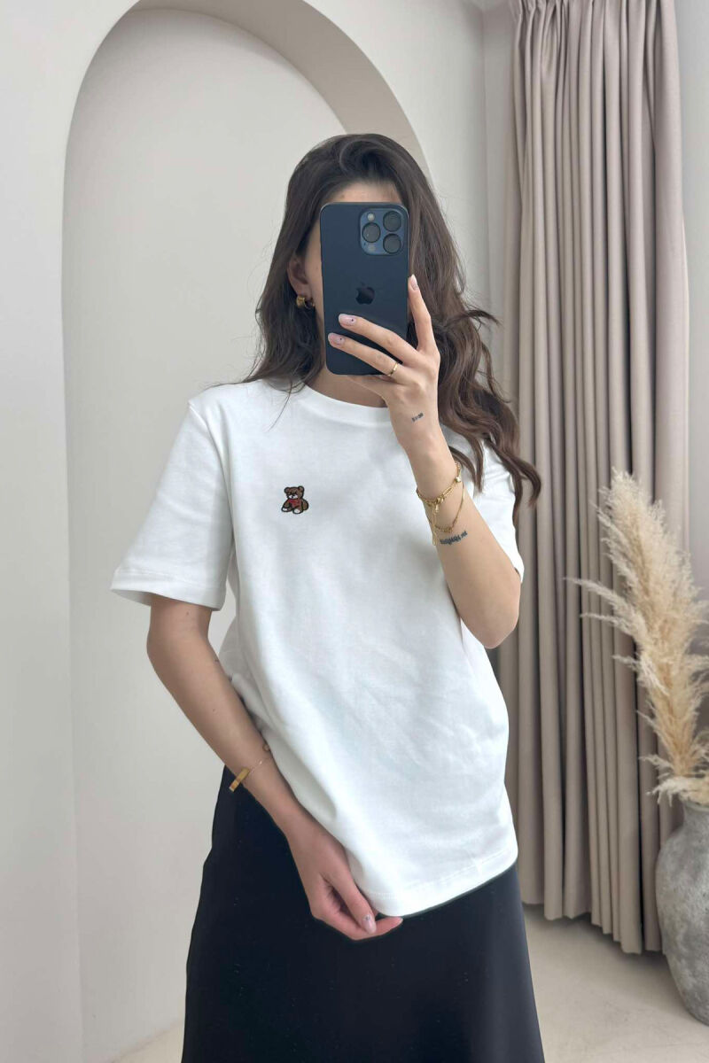 ONE COLOR ROUND NECK TEDDY BEAR LOGO WOMEN T-SHIRT WHITE-E BARDHE - 1