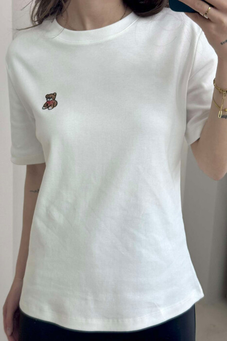 ONE COLOR ROUND NECK TEDDY BEAR LOGO WOMEN T-SHIRT WHITE-E BARDHE - 3