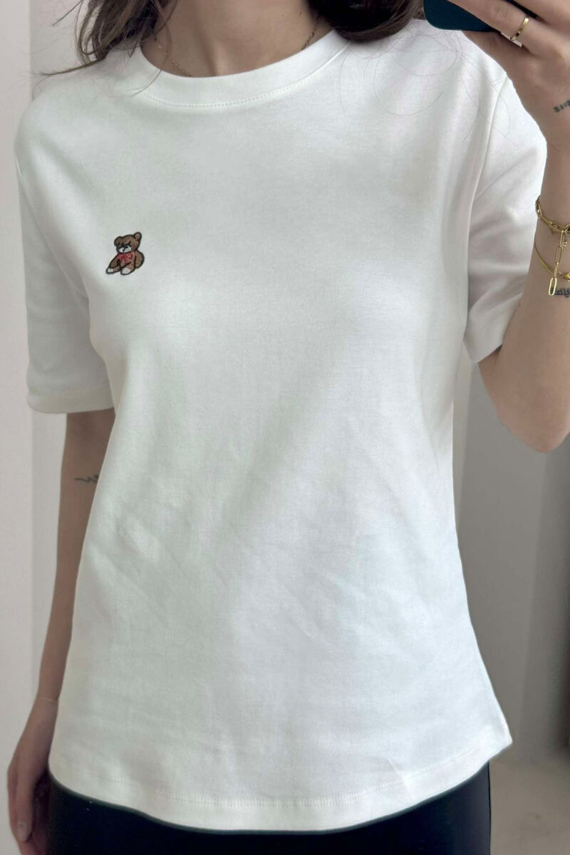 ONE COLOR ROUND NECK TEDDY BEAR LOGO WOMEN T-SHIRT WHITE-E BARDHE - 3