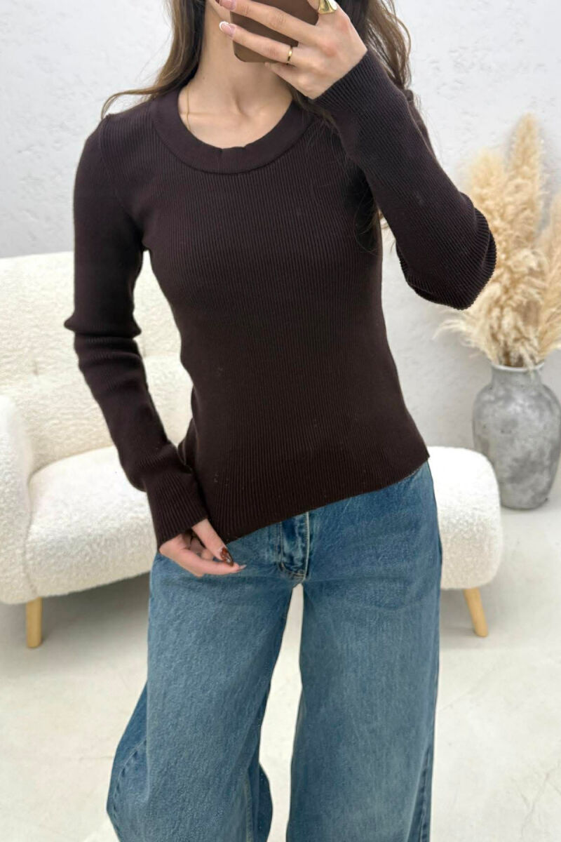 ONE COLOR ROUND NECK WOMEN SWEATSHIRT DARK BROWN/KAE - 2