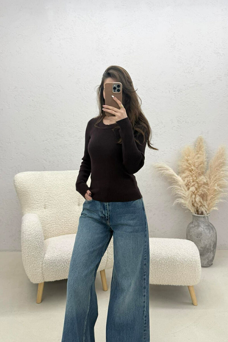 ONE COLOR ROUND NECK WOMEN SWEATSHIRT DARK BROWN/KAE - 3