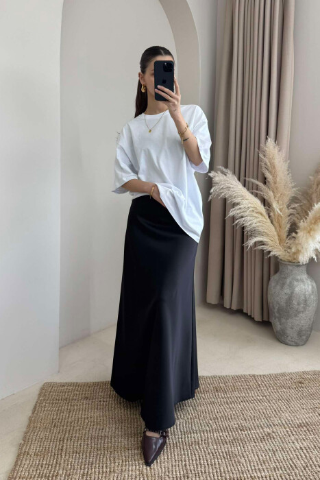 ONE COLOR SATIN LONG WOMEN SKIRT BLACK/ E ZEZE - 3