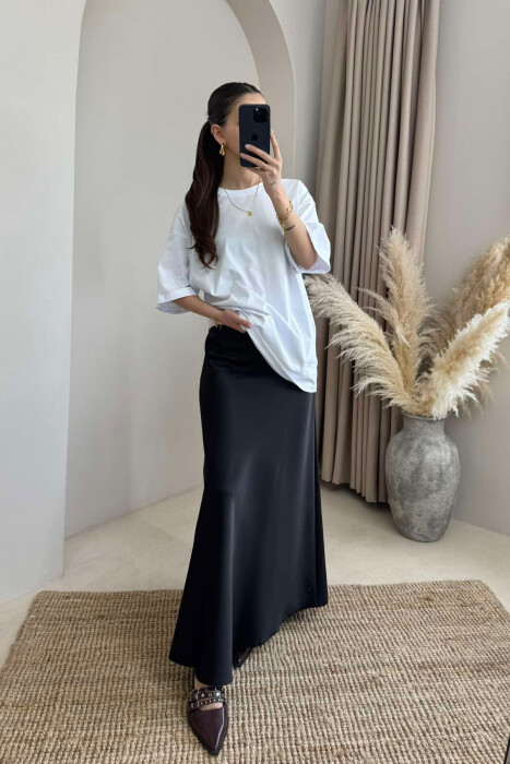 ONE COLOR SATIN LONG WOMEN SKIRT BLACK/ E ZEZE - 4