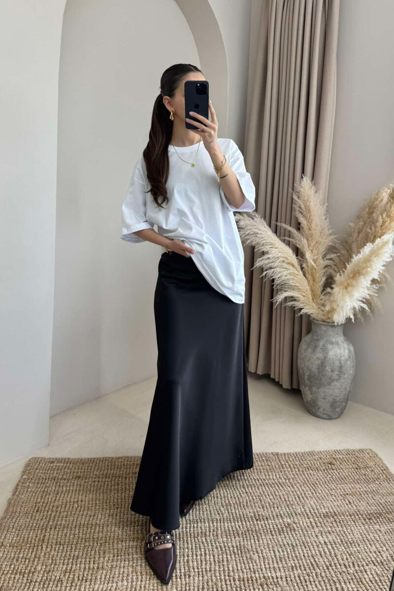 ONE COLOR SATIN LONG WOMEN SKIRT BLACK/ E ZEZE - 4