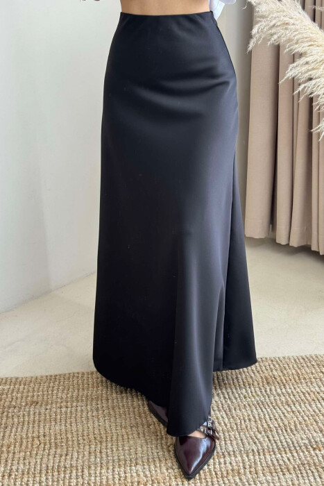 ONE COLOR SATIN LONG WOMEN SKIRT BLACK/ E ZEZE - 1