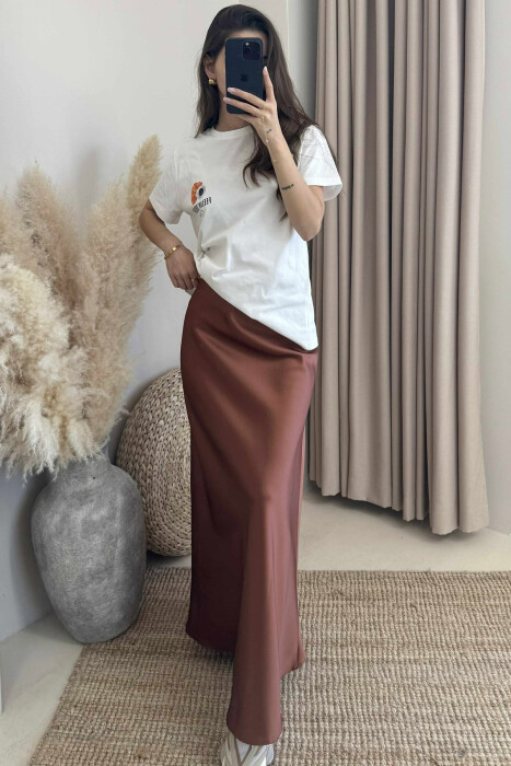 ONE COLOR SATIN LONG WOMEN SKIRT BROWN/KAFE - 2
