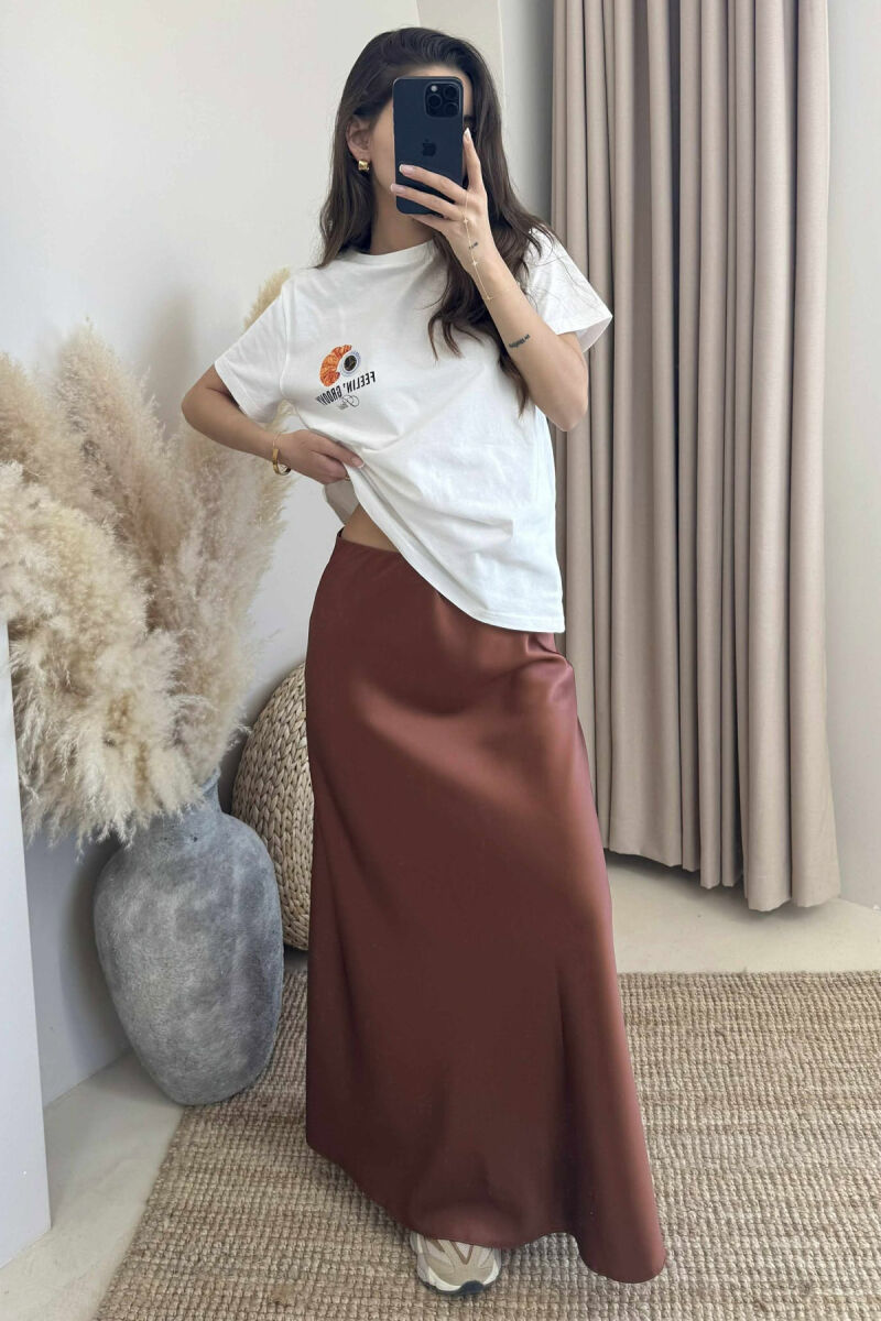 ONE COLOR SATIN LONG WOMEN SKIRT BROWN/KAFE - 3